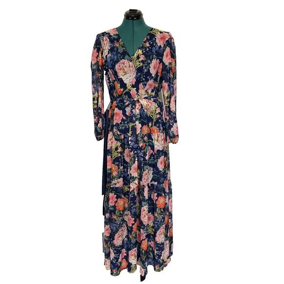 NWT Eliza J Chiffon  Floral-Print Faux-Wrap Tiered Maxi Dress Size 16 Two Belts - Picture 1 of 10